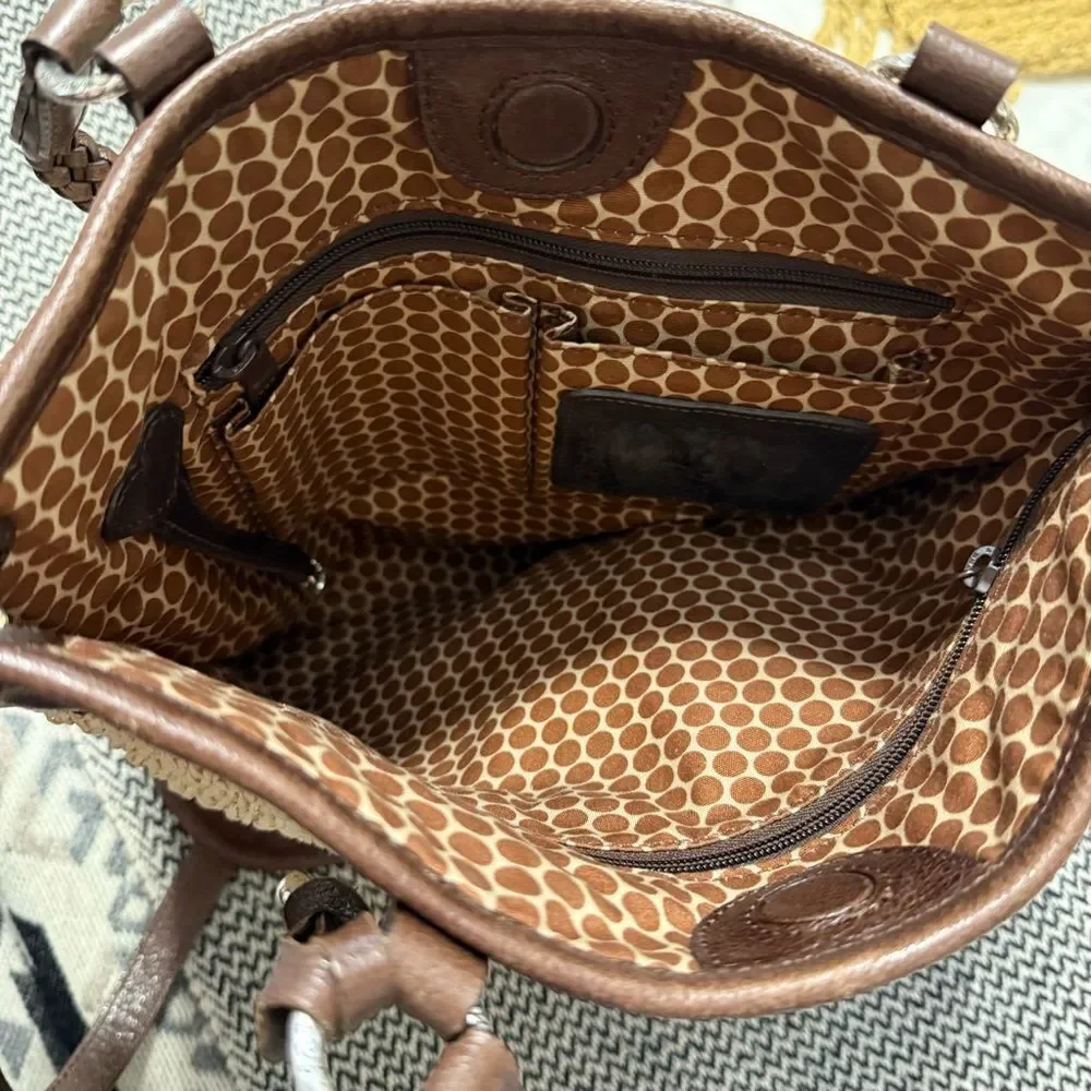 Brighton Brown and Tan Woven Tote with Peace Sign